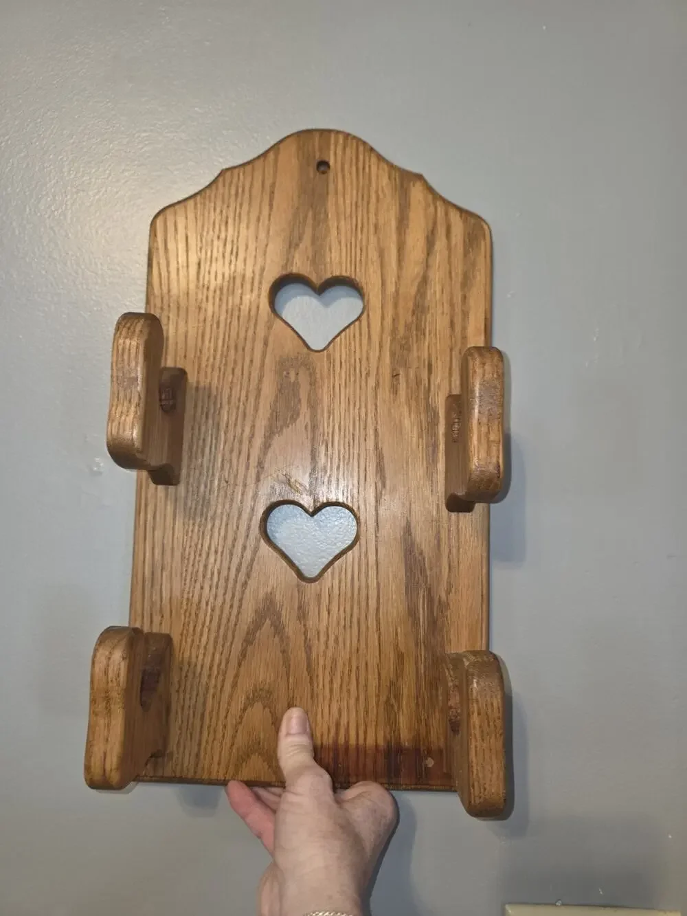 Vtg Wood Heart Cut Out Hair Tool Holder Curling Iron Blow Dryer Bathroom Display